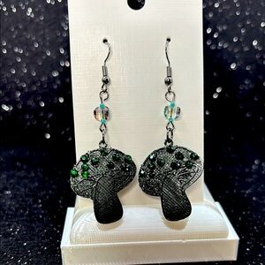 Elegant Black and Green Cottage Mushroom Earrings
